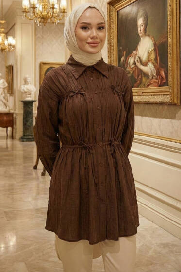 Fiyonklu Lastikli Gömlek Kahve - Gömlek