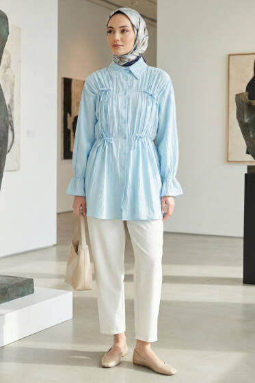 Fiyonklu Lastikli Gömlek Mavi - Gömlek