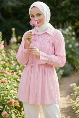 Fiyonklu Lastikli Gömlek Pembe - NEVA MODA