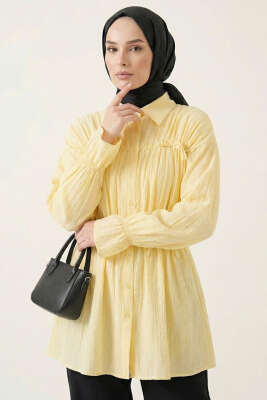 Fiyonklu Lastikli Gömlek Sarı - NEVA MODA