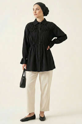 Fiyonklu Lastikli Gömlek Siyah - Gömlek