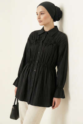 Fiyonklu Lastikli Gömlek Siyah - NEVA MODA