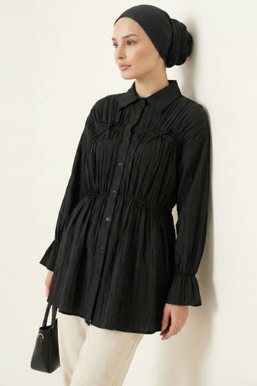 Fiyonklu Lastikli Gömlek Siyah - Gömlek