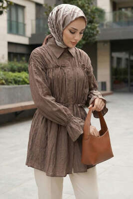 Fiyonklu Lastikli Gömlek Vizon - NEVA MODA