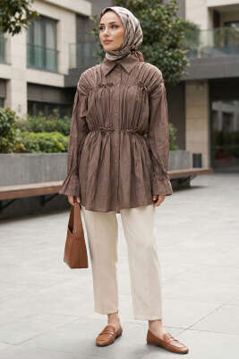 Fiyonklu Lastikli Gömlek Vizon - Gömlek