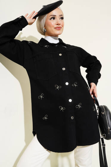 Fiyonklu Taşlı Kot Ceket Siyah - Ceket