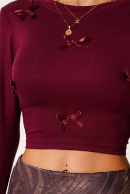 Fiyonklu Uzun Kol Crop Bordo - Yılın Fırsatı