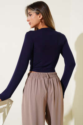 Fiyonklu Uzun Kol Crop Lacivert - Yılın Fırsatı