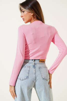 Fiyonklu Uzun Kol Crop Pembe - Kadın Giyim Modelleri