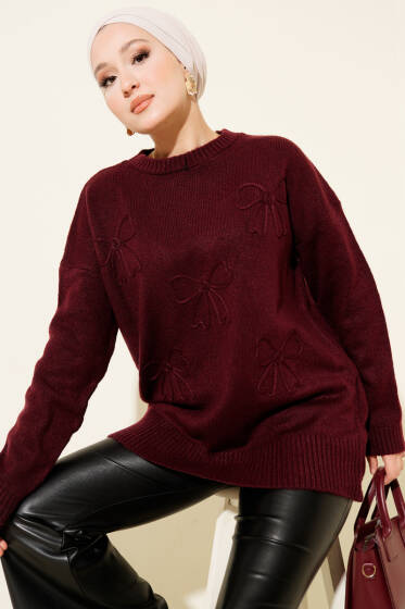 Fiyonklu Yumoş Triko Tunik Bordo - Tunik