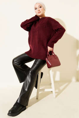 Fiyonklu Yumoş Triko Tunik Bordo - Tunik