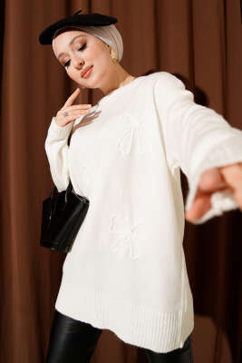 Fiyonklu Yumoş Triko Tunik Ekru - VAV TEKSTİL