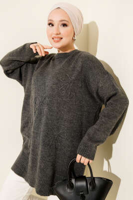 Fiyonklu Yumoş Triko Tunik Füme - VAV TEKSTİL