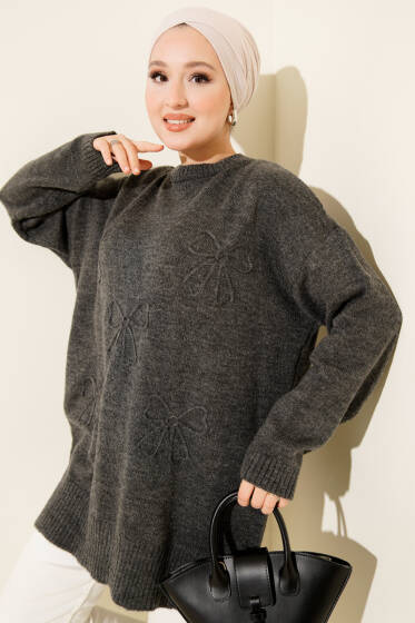 Fiyonklu Yumoş Triko Tunik Füme - Tunik