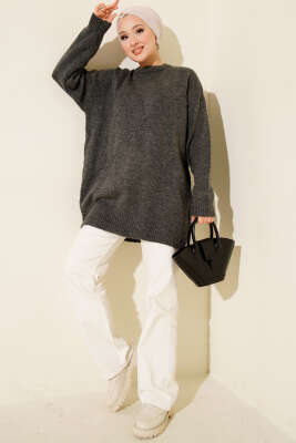 Fiyonklu Yumoş Triko Tunik Füme - Tunik