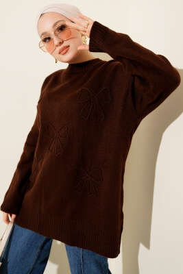 Fiyonklu Yumoş Triko Tunik Kahve - VAV TEKSTİL