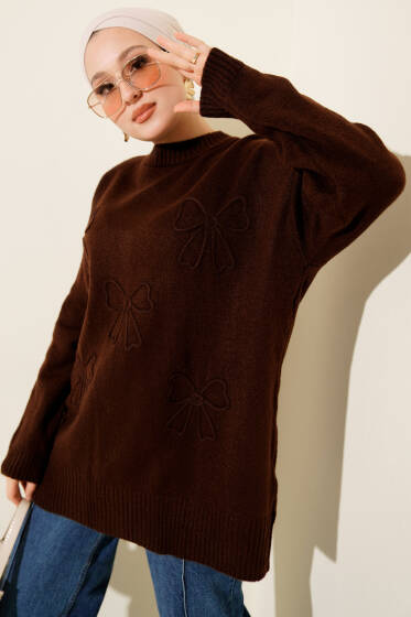 Fiyonklu Yumoş Triko Tunik Kahve - Tunik
