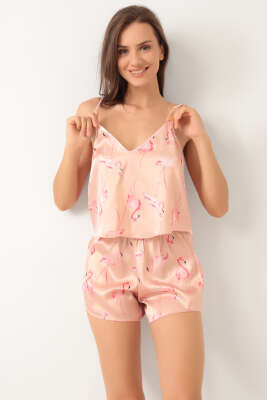 Flamingo Desen Askılı Saten Pijama Takımı Somon
