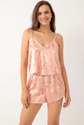 Flamingo Desen Askılı Saten Pijama Takımı Somon - Kadın Pijama Takımı