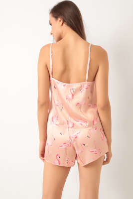 Flamingo Desen Askılı Saten Pijama Takımı Somon - Pijama & Gecelik