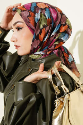 Flamlı Ebruli Desenli Eşarp Acı Kahve 