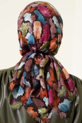 Flamlı Ebruli Desenli Eşarp Acı Kahve - Başörtüsü