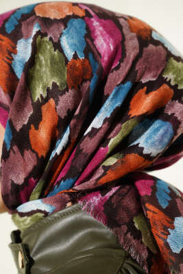 Flamlı Ebruli Desenli Eşarp Acı Kahve - Başörtüsü