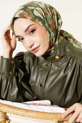 Flamlı Ebruli Desenli Eşarp Haki 