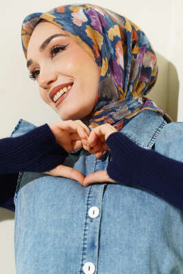 Flamlı Ebruli Desenli Eşarp İndigo 