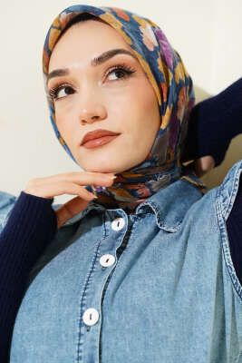 Flamlı Ebruli Desenli Eşarp İndigo - Başörtüsü