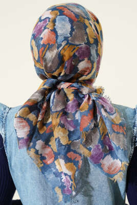 Flamlı Ebruli Desenli Eşarp İndigo - Başörtüsü