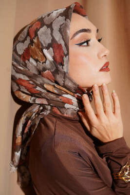Flamlı Ebruli Desenli Eşarp Kahve - Başörtüsü