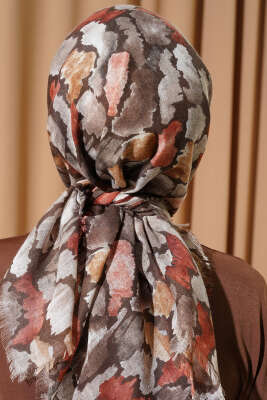 Flamlı Ebruli Desenli Eşarp Kahve - Başörtüsü