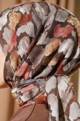 Flamlı Ebruli Desenli Eşarp Kahve - Başörtüsü