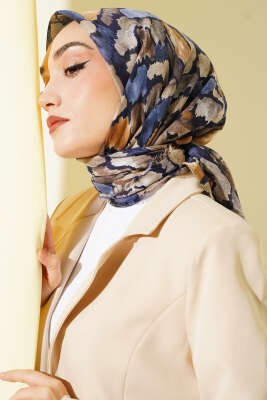 Flamlı Ebruli Desenli Eşarp Lacivert 