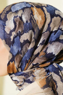 Flamlı Ebruli Desenli Eşarp Lacivert - Başörtüsü