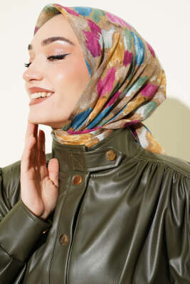 Flamlı Ebruli Desenli Eşarp Latte 