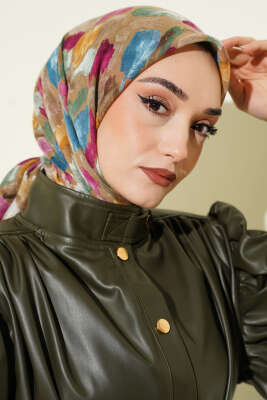 Flamlı Ebruli Desenli Eşarp Latte - Başörtüsü