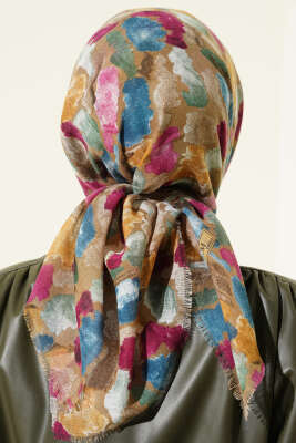 Flamlı Ebruli Desenli Eşarp Latte - Başörtüsü