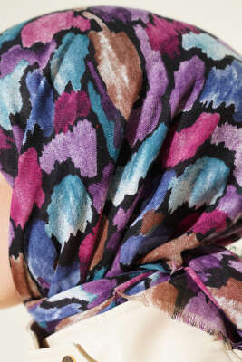 Flamlı Ebruli Desenli Eşarp Lila - Başörtüsü