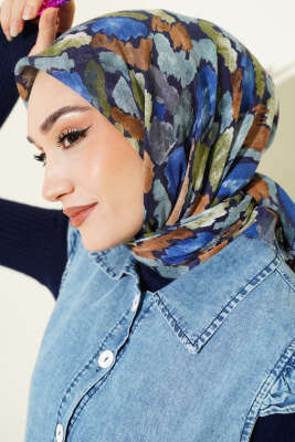 Flamlı Ebruli Desenli Eşarp Saks 