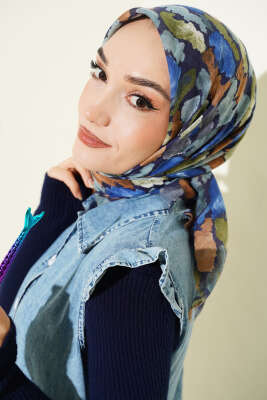 Flamlı Ebruli Desenli Eşarp Saks - Başörtüsü