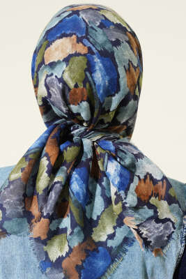 Flamlı Ebruli Desenli Eşarp Saks - Başörtüsü