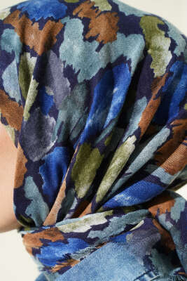 Flamlı Ebruli Desenli Eşarp Saks - Başörtüsü