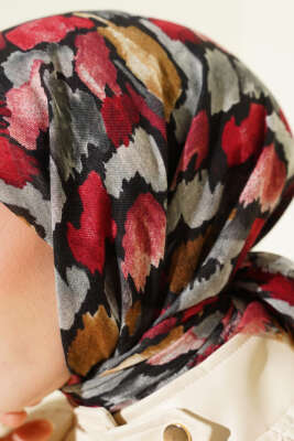 Flamlı Ebruli Desenli Eşarp Siyah - Başörtüsü