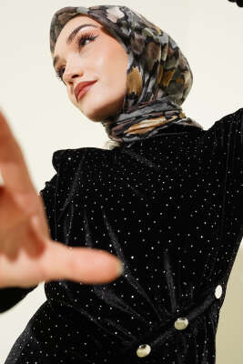 Flamlı Ebruli Desenli Eşarp Siyah Gri - SİNEM EŞARP