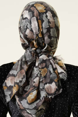 Flamlı Ebruli Desenli Eşarp Siyah Gri - Başörtüsü