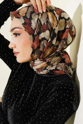 Flamlı Ebruli Desenli Eşarp Siyah Latte 