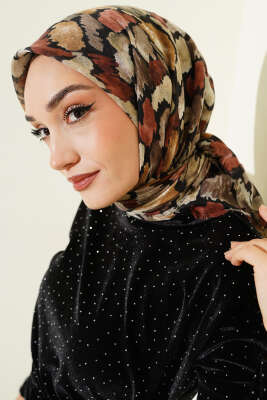 Flamlı Ebruli Desenli Eşarp Siyah Latte - Başörtüsü