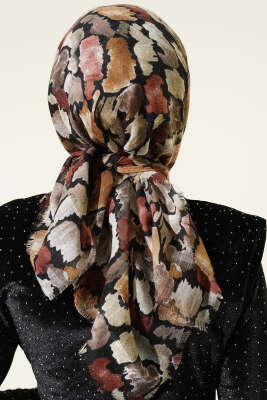 Flamlı Ebruli Desenli Eşarp Siyah Latte - Başörtüsü